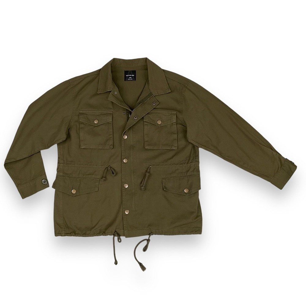 Active USA‎ Jacket Men Large Olive Green Zip Snap Long Sleeve Twill Collar
